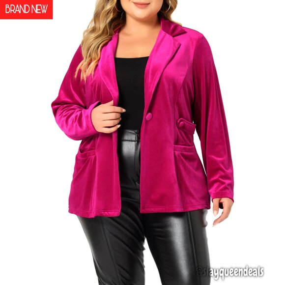 Plus Size Velvet Blazer for Women Stretch Office Work Jacket with Pockets